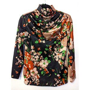 Vintage 60s 70s Mod Gathered Cowl Mock Neck Long Sleeve Shirt Boho Hippie Floral